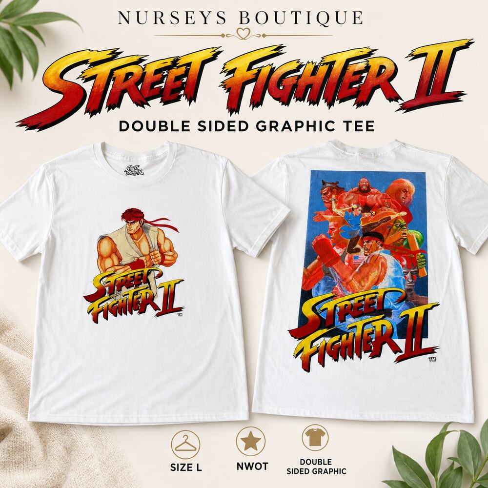 Street Fighter II Ryu Double Sided Graphic Tee White Large NWOT